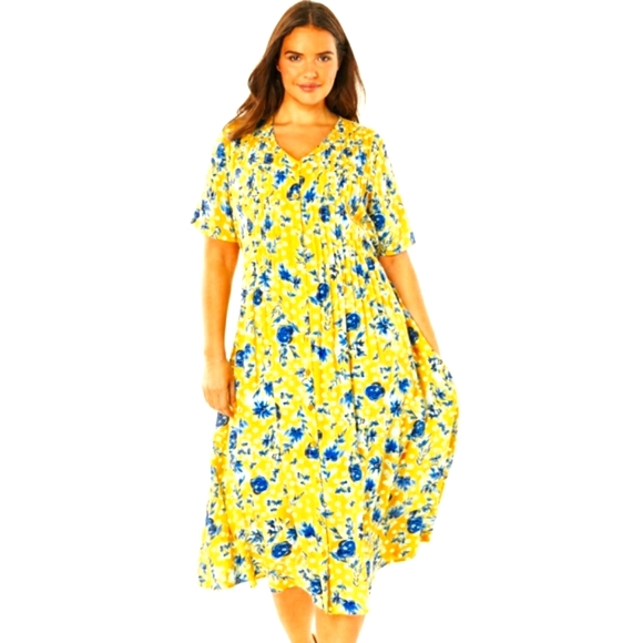 Woman Within Dresses & Skirts - Woman Within Floral Midi Dress Yellow Blue Size 18